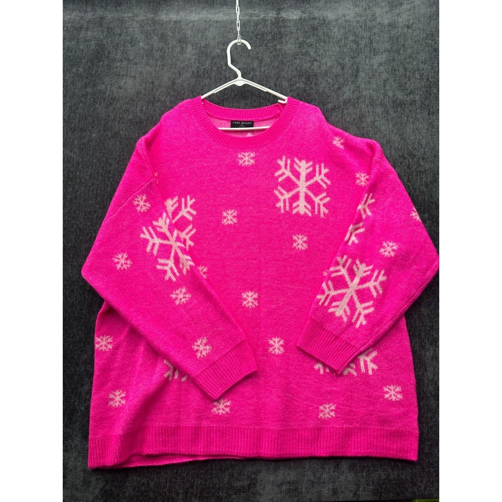 Lane Bryant Sweater Womens 26/28 Plus Neon Pink Intricate Snowflake Ribbed Knit
